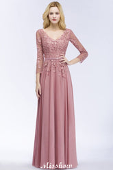 A-line Chiffon Floor-Length Bridesmaid Dress Appliques V-Neck Long-Sleeves Evening Dress
